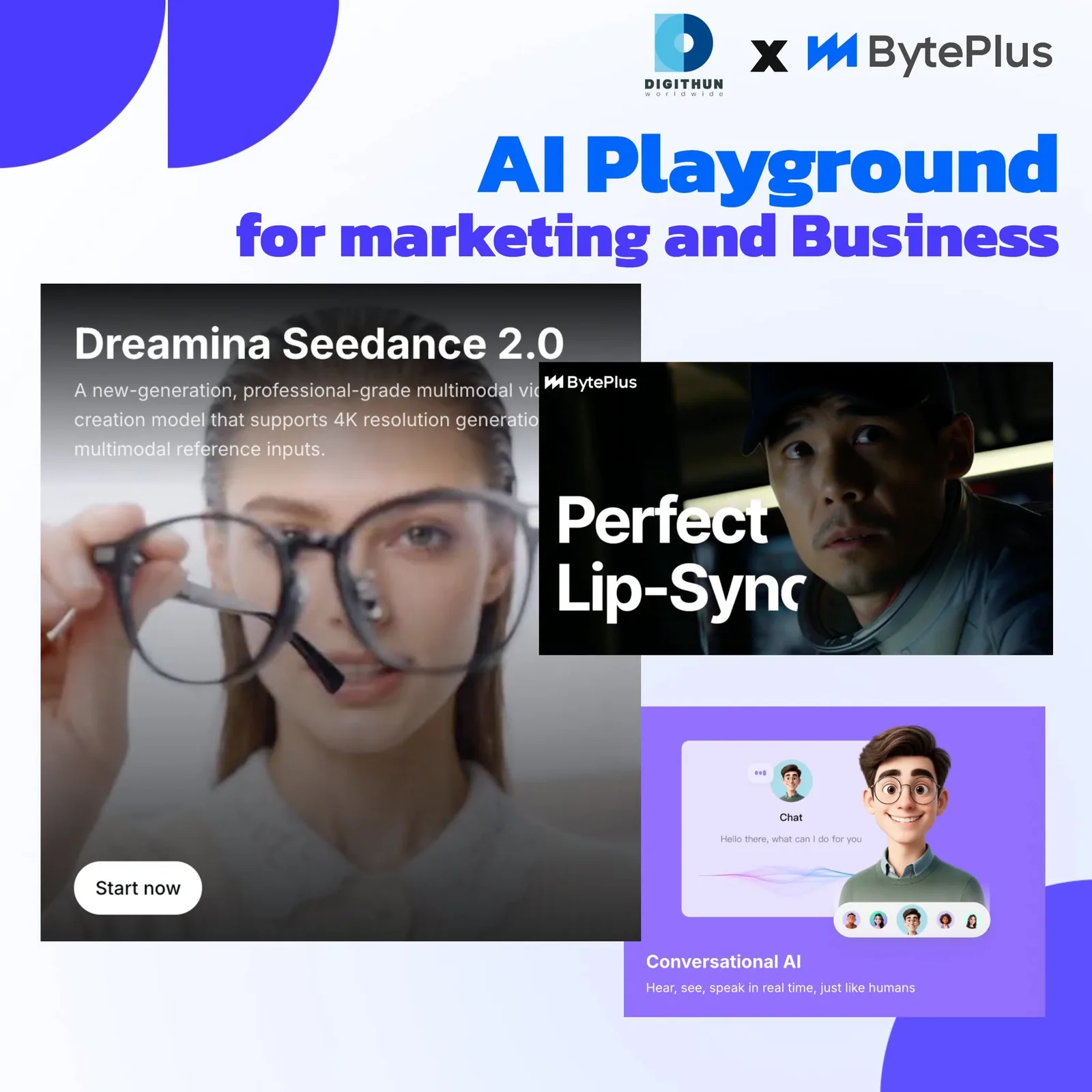A card headed “AI Playground for marketing and Business” showing three BytePlus product panels: Dreamina Seedance 2.0 described as a professional-grade multimodal video model supporting 4K, a panel reading “Perfect Lip-Sync”, and a Conversational AI panel reading “Hear, see, speak in real time, just like humans”.